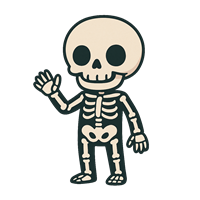 En sød og venlig skeletfigur, der vinker med et smil.